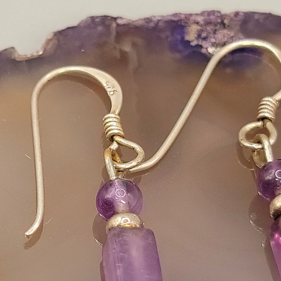 Sterling Silver Amethyst Gemstone Beaded Dangle Earrings - Picture 2 of 5